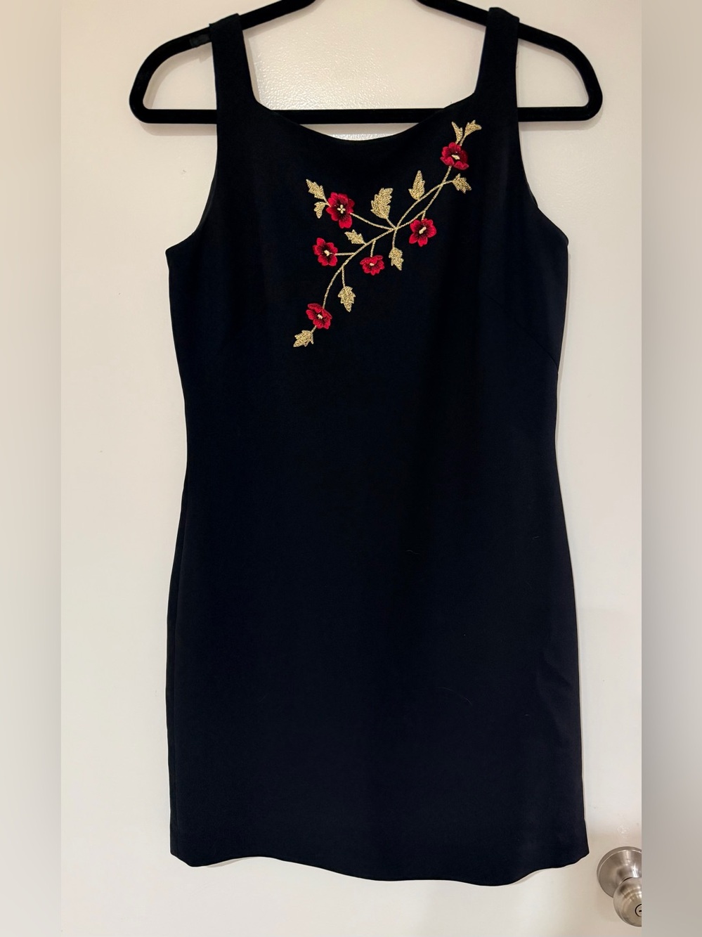 Petite Sophisticate Black Mini Dress with Red Floral & Gold Leaf Embroidery